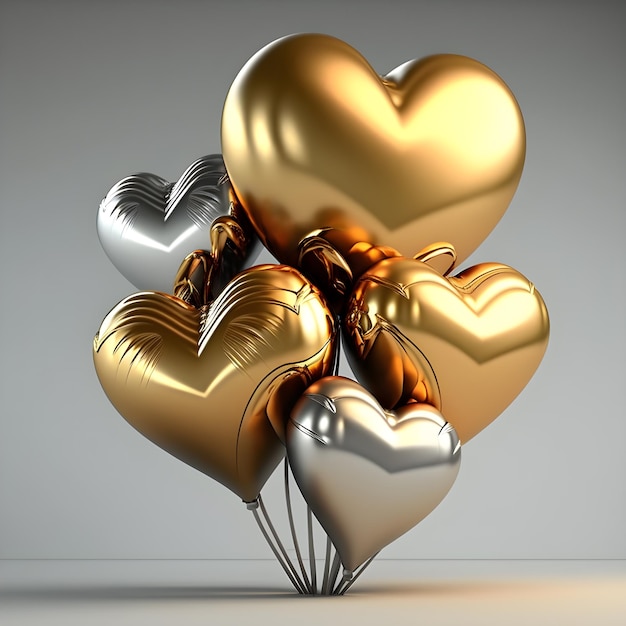 Air Balloon Set. Bunch of gold color heart shaped foil balloons isolated on light background. Love