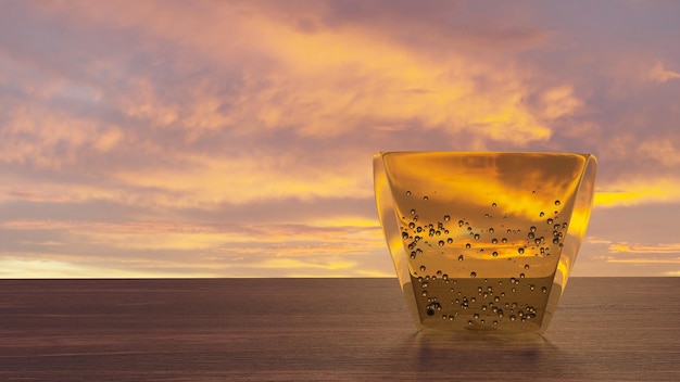 Air bubble in a transparent glass cup on a wooden table with twilight sky background (3D Rendering)