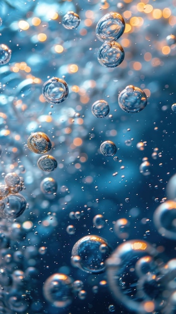 Photo air bubbles of various sizes rise through a blue liquid