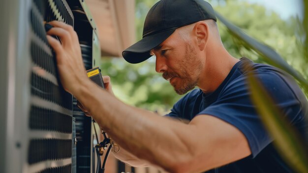 Photo air conditioner technician working on an outdoor unit