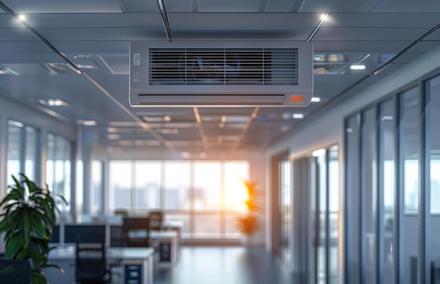 An air conditioner unit mounted on the ceiling in an office workspace providing cooling