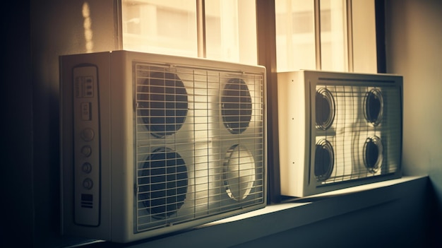 Air conditioner in a window with the sun shining through the windows.