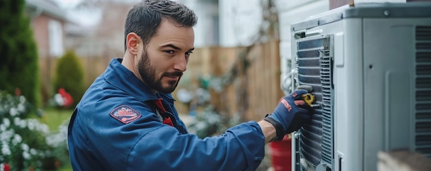 Photo an air conditioning technician in blue clothes repairing an ac unit