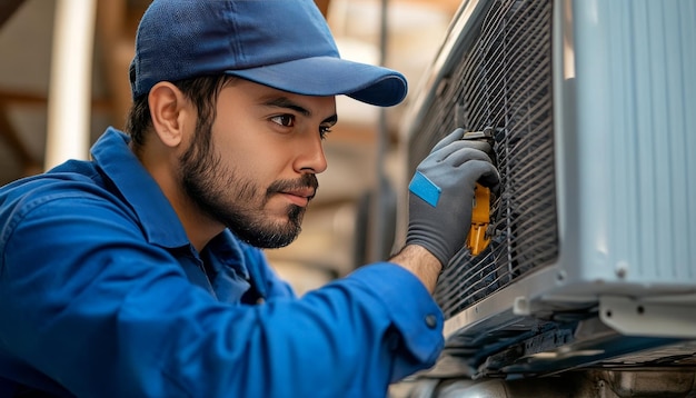 Photo an air conditioning technician in blue clothes repairing an ac unit