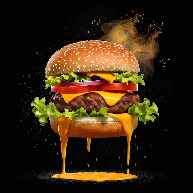 Air Floating Burger with Juicy Patty Cheese Veggies and Sauce Splash on Dark Background