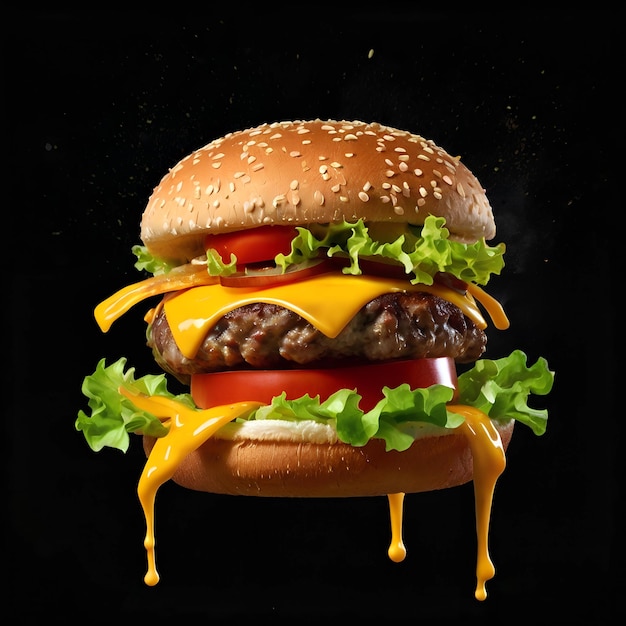 Air Floating Burger with Juicy Patty Cheese Veggies and Sauce Splash on Dark Background