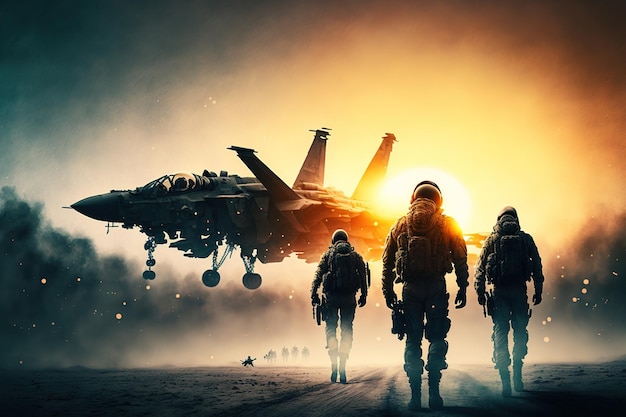 Air force and war concept with silhouettes of soldiers on the dusty desert with a jet fighter