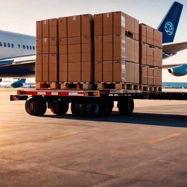 Air freight with cargo containers and boxes next to airplane in airport