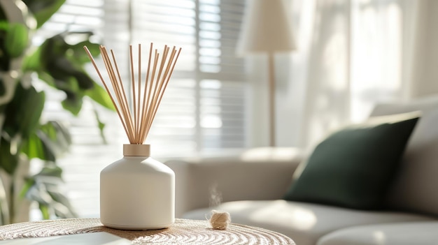 Photo air freshener bottle with rattan stick in living room