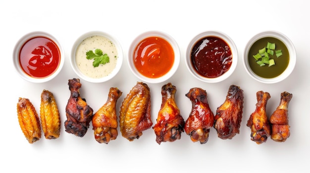 Air fryer chicken wings glazed with hot chilli sauce and served with different sauces isolated on white background top view