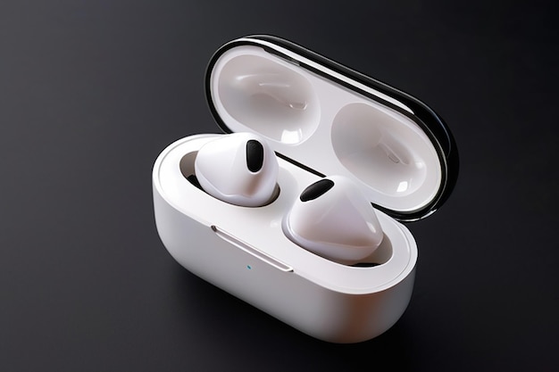 Photo air pods with wireless charging case new airpods 2019 on black background airpods macro