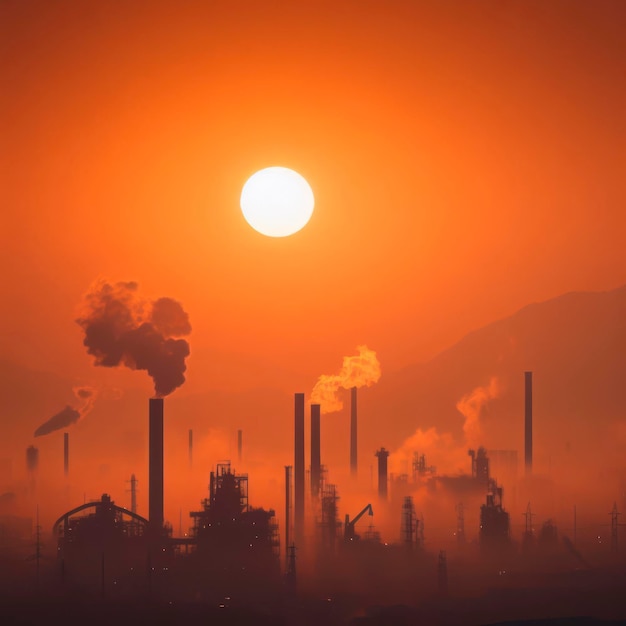 Air Pollution at Industrial Sites silhouette sun set ai generative