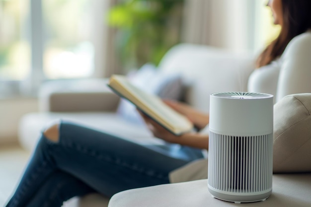 air purifier against blurred woman reading a book on the sofa enhance your reading experience