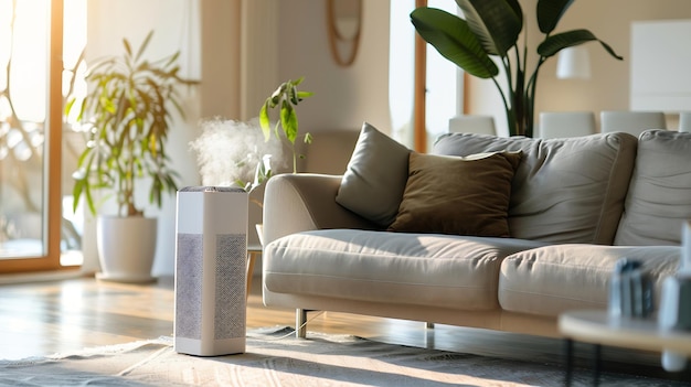 Photo air purifier health technology in cozy modern living room and cleaning removing dust generative ai