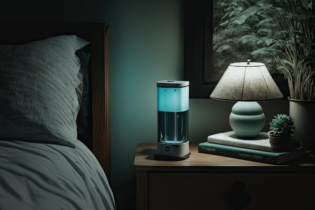 Air purifier on nightstand with lamp and glass of water nearby