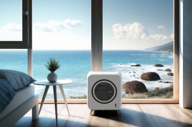 Air purifier in room with view of the ocean creating soothing and peaceful atmosphere