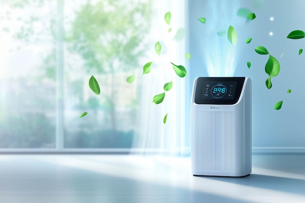 Photo air purifier with a digital screen and fresh green leafs blown flow by the wind in room