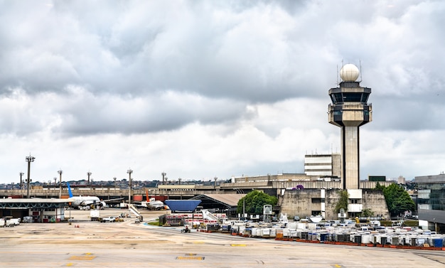 Air traffic control tower of Guarulhos airport in Sao Paulo