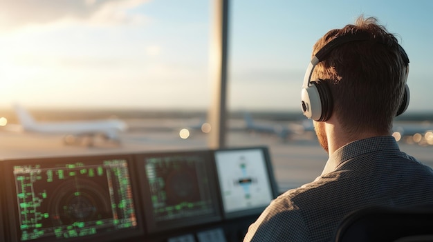 Photo air traffic controller overseeing landings during a vibrant sunset at the airport control tower