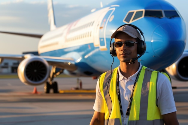 Air traffic controller with a clipboard under plane at airport