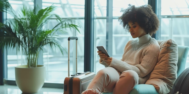 Air travel passenger waits at airport lounge using smartphone surrounded by busy activity Young African American woman sits on plush armchair beside gray suitcase checking flight information