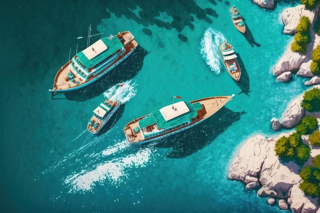 Airborne boats aerial view of the Turkish coast Clear summertime water in a sunny day