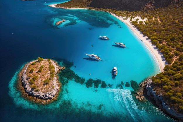 Airborne boats aerial view of the Turkish coast Sunny day seascape in the summer with crystal clear water and a sandy beach