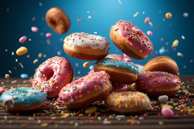 Airborne delights Colorful sprinkled donuts against a blue background