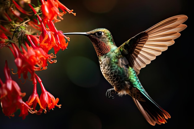 Airborne hummingbird hovers spreads wings blossoms Nectar Flower beauty Generative AI