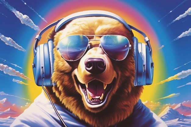 Airbrush art of a bear wearing headset glasses accessories electronics