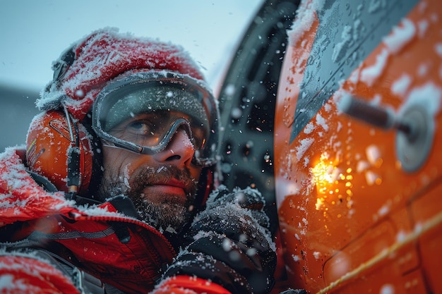 Aircraft deicer working on a commercial airplane during a snowstorm ensuring flight safety