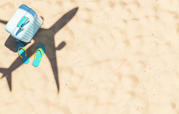 Aircraft flying over sandy beach with suitcase and flip flops