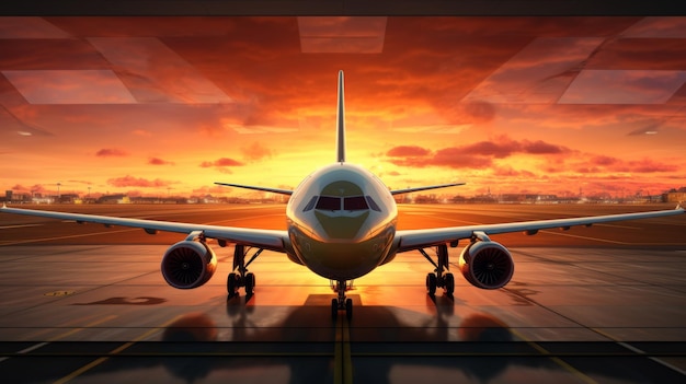 Aircraft getting ready for takeoff observed through the terminal window at the airport