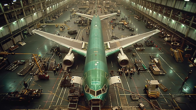 Photo aircraft hangar scene with a commercial plane under maintenance and technicians at work