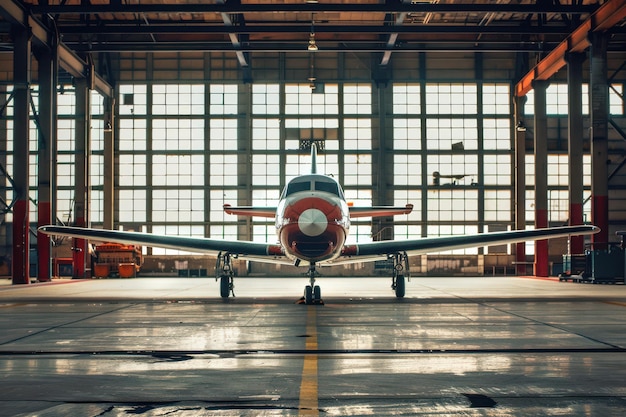 Photo aircraft parked securely inside a large hangar facility