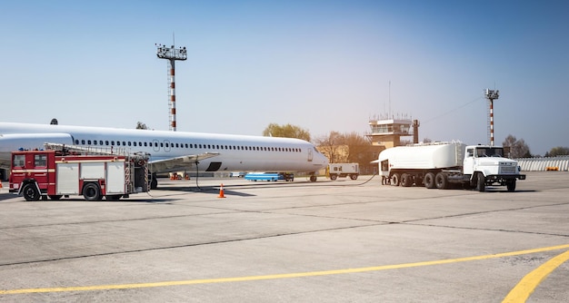 Aircraft refueling with a high pressure tanker A passenger jet is being refueled from a supply truck Airport Service