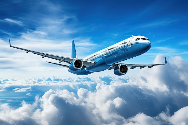 aircraft soaring through the sky Show it in a majestic pose wings outstretched against the backdrop of the blue sky and clouds Generated with AI