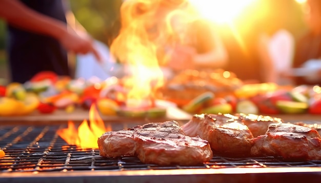 AIrendered BBQ party focus on grilling meat and veggies friends blurred