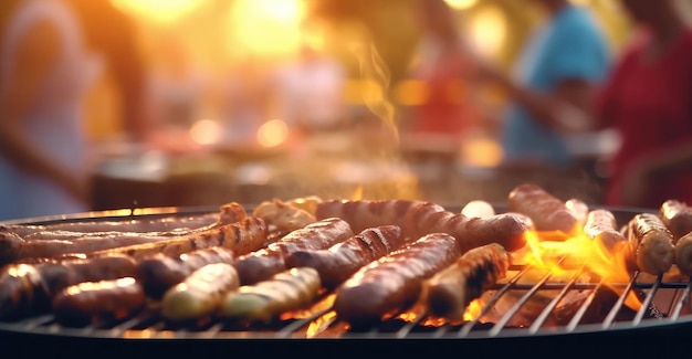 AIrendered BBQ party scene with defocused people grilling sausages in focus