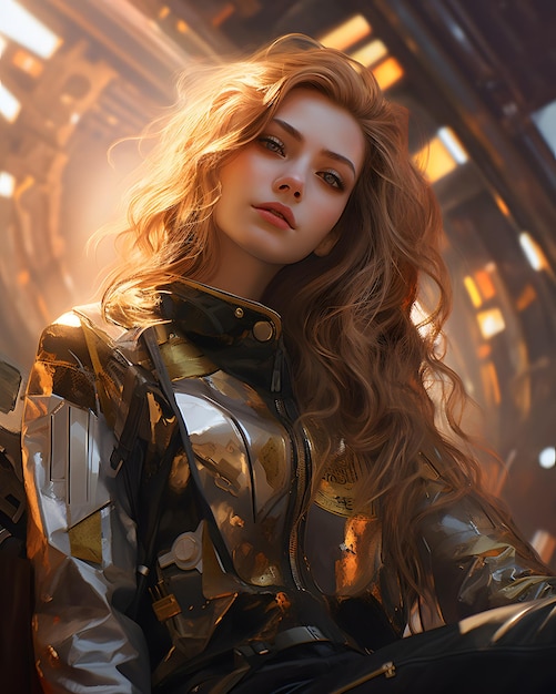 Airforce pilot cyberpunk half body shot light brown hair shimmering gold and black outfit sun