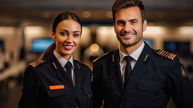 Airline business Airliner pilot and air hostess standing in airport terminal