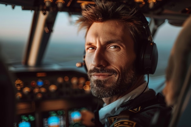 Photo airline captain sitting in the cockpit looking at camera and smiling while sitting in cockpit