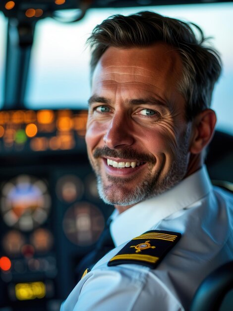 Photo airline pilot in uniform seated in airplane cockpit with instrument panels visible