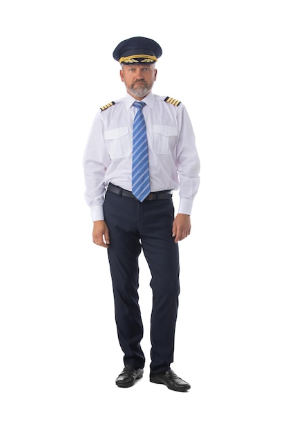 Airline pilot wearing the four bar Captains epaulettes, firlst pilot, aircraft commander, isolated on white background, full length portrait