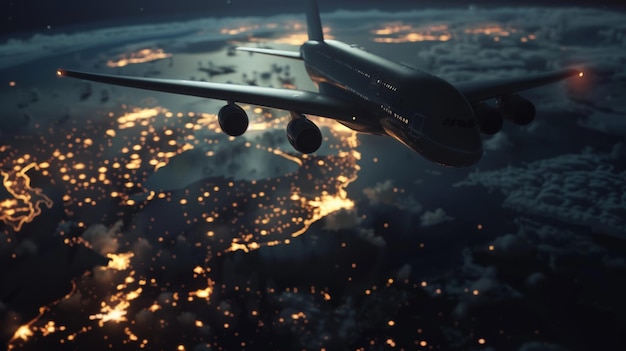 Airliner soaring over illuminated cityscape at night