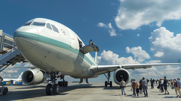 Photo airplane at the airport gate with passengers boarding