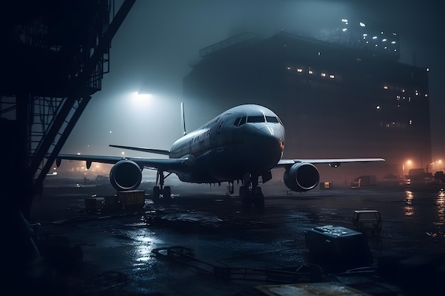 Airplane at the airport at night in the rain Neural network AI generated