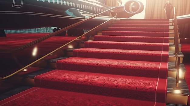 Airplane in the airport with red carpet and stairs Generative Ai