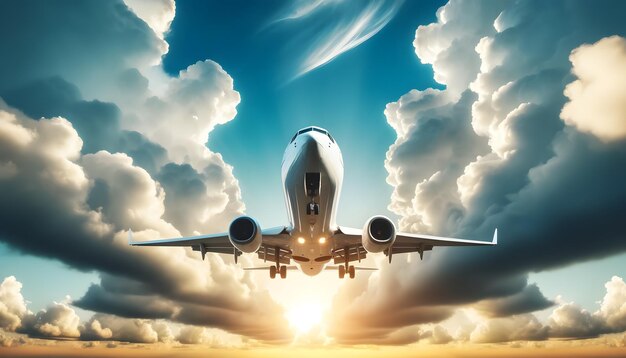 Airplane Ascending Through Majestic Clouds at Sunset