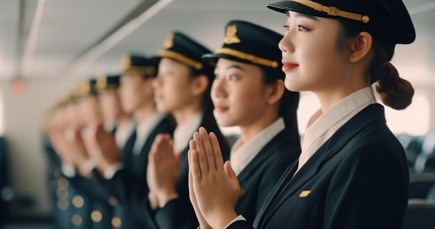 On an airplane cabin staff or stewardesses greet passengers Generative AI air hostess or stewardess service